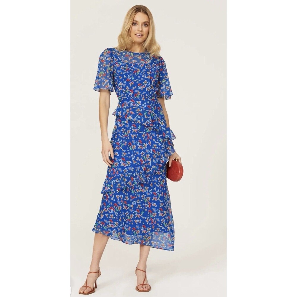 Saloni Women's Vida Silk Dress Cobalt Patchouli Floral Ruffle Midi Size 6 & 4